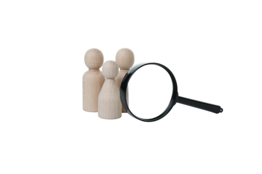 PNG, Magnifying glass and wooden figures, isolated on white background