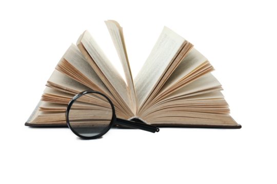 PNG, Magnifying glass and book, isolated on white background