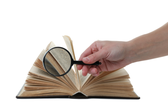 PNG, Magnifying glass in hand and book, isolated on white background - Powered by Adobe