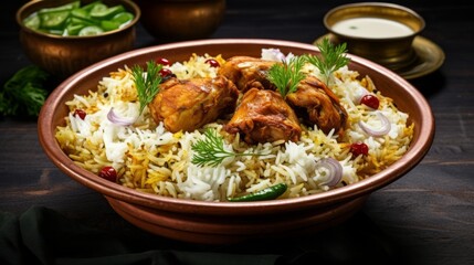 A bowl of chicken biryani served with cucumber raita