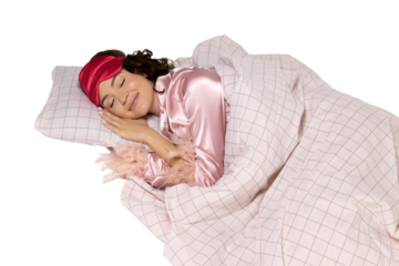 PNG girl in bed isolated on white background.