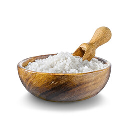 Sea salt in wooden bowl with wooden scoop isolated on white