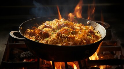 A biryani pot cooking over an open flame