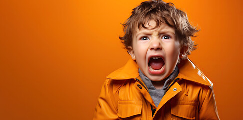 white little baby boy screaming crying on orange isolated background