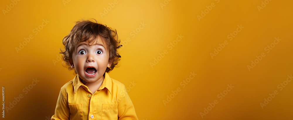 Wall mural white little surprised baby boy screams on yellow isolated background