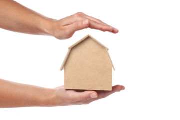 PNG,Toy wooden house in hands, isolated on white background