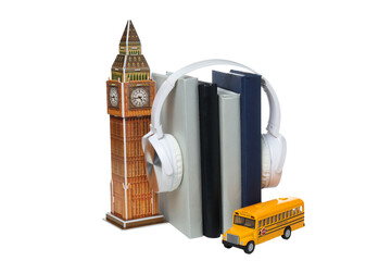 PNG,Books with toy BIG Ben, isolated on white background