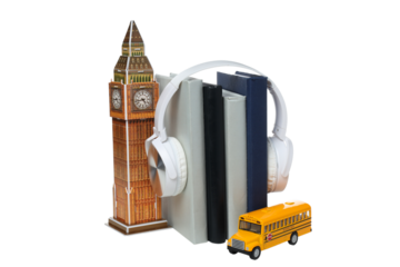PNG,Books with toy BIG Ben, isolated on white background