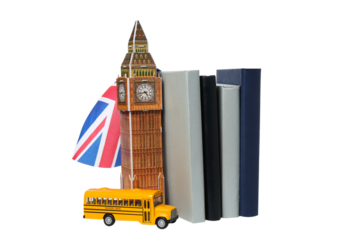 PNG,Books with toy BIG Ben, isolated on white background