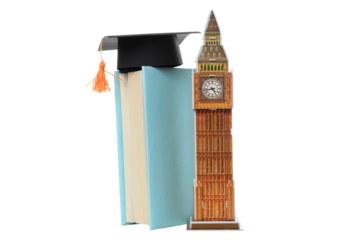 PNG,Books with toy BIG Ben, isolated on white background