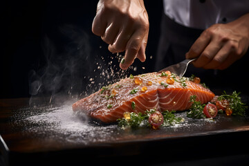 the chef preparing food grilled salmon steak with vegetables