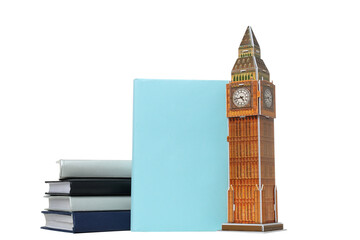 PNG,Books with toy BIG Ben, isolated on white background