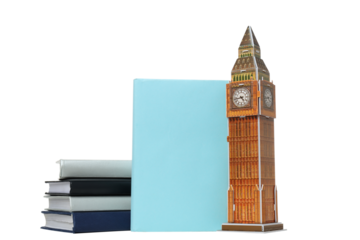 PNG,Books with toy BIG Ben, isolated on white background