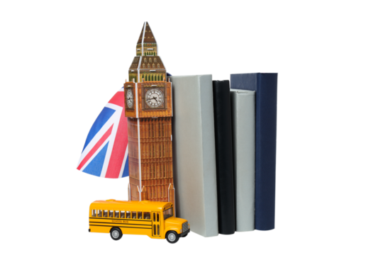 PNG,Books with toy BIG Ben, isolated on white background