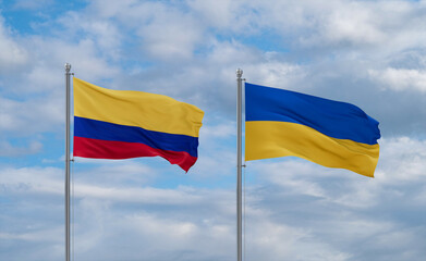 Ukraine and Colombia flags, country relationship concept
