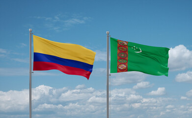 Turkmenistan and Colombia flags, country relationship concept