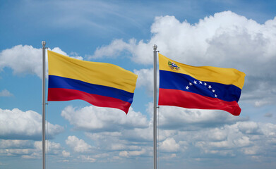 Venezuela and Colombia flags, country relationship concept