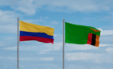 Zambia and Colombia flags, country relationship concept