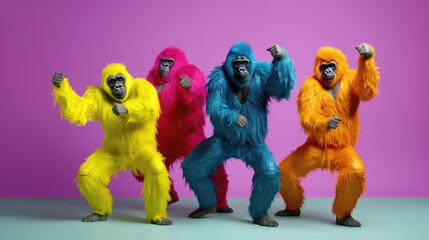 Group of four colorful gorillas having dance party
