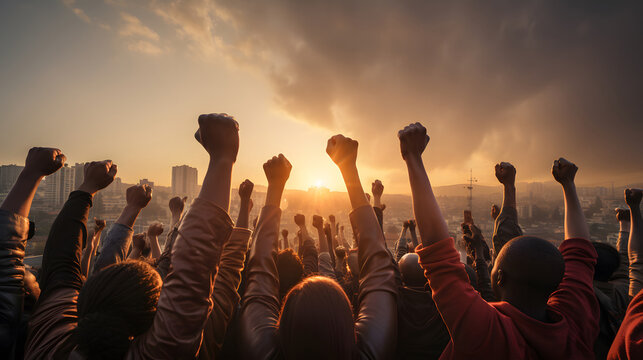 Group of protestors with their fists raised up in the air., protesters people fighting for their rights