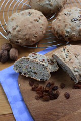 Homemade Pan co' Santi from Tuscany (Italy). Traditional sweet bread with raisins, almonds, walnuts and aniseed and Vinsanto