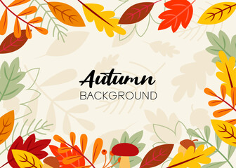 Autumn background and frame made of leaves, branches, berries, acorns and mushrooms in vector. Flat style.