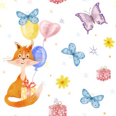 Watercolor seamless pattern with Fox and Butterflies. Red cheerful fox with balloons butterflies and gifts. Design for wrapping paper, greetings and textiles.