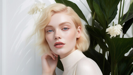 Naklejka premium Beautiful woman with tropical green plants