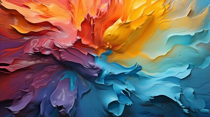 An close-up of an oil painting with pallet knife strokes and an explosion of vibrant, strong rainbow hues on a canvas backdrop featuring abstract art.. - obrazy, fototapety, plakaty