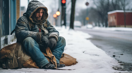 Lonely homeless man sits on a winter street and is freezing. Poverty concept