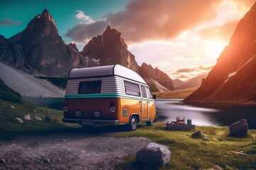 Scenic mountain sunset view with camping car. Tourism camper auto recreational adventure tourism. Generate ai - obrazy, fototapety, plakaty
