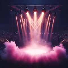 Stage alight with scenic brilliance, smoke, and a colorful vector spotlight creating a smoky, luminous display against a dark backdrop. The stadium's cloud projector adds an atmospheric touch.