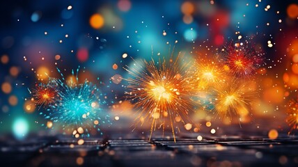 Cheers to 2024! - Firework silvester Close-up of vibrant fireworks pyrotechnics in the night for New Year's Eve Party festival celebration holiday background banner greeting card.. - obrazy, fototapety, plakaty
