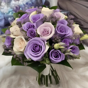A bouquet of lavender roses and purple calla lilies for a regal appearance.