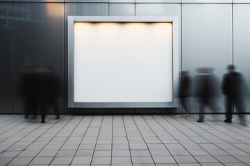 display blank clean screen or signboard mockup for offers or advertisement in public area with blurred people in city. Generative AI