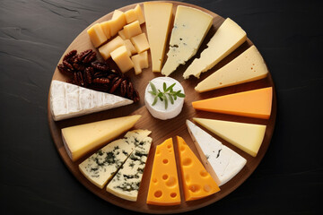 Twelve slices of different kinds of cheese on a cheese plate