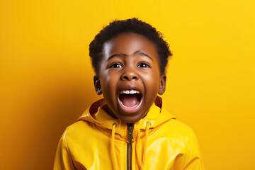 black child boy screaming on yellow isolated background