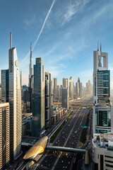 Skyscrapers along the famous Sheikh Zayed Road in Dubai, United Arab Emirates (UAE).