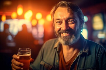 Cheerful chunky man smiling. Bearded happy man drinking beer in nigh pub. Generate ai - obrazy, fototapety, plakaty