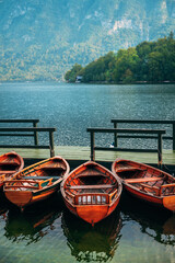 Wooden dinghy boats on Lake Bohinj in Slovenia