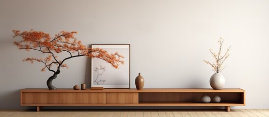 a minimal Japanese design interior with wooden cabinet shelf and TV