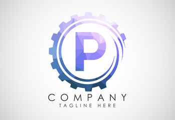 Low poly alphabet P in a gear spiral. Gear engineer logo design. Polygonal logo for automotive