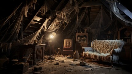 A haunted attic with cobwebs and old furniture