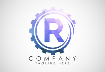 Low poly alphabet R in a gear spiral. Gear engineer logo design. Polygonal logo for automotive