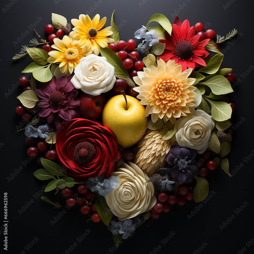 Poster an elegant composition of sliced pear and apple forming a delicate heart shape, capturing the essenc