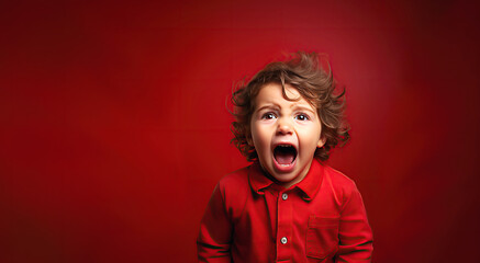 white little baby boy screaming crying on red isolated background