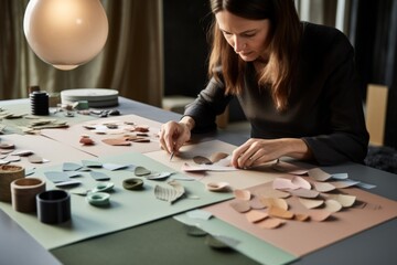 Fototapeta premium Creative Textile designer woman working with textile and leather exemples, designer desk