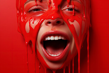 screaming white boy child with a face in drops of red paint on an isolated background. The concept of pain