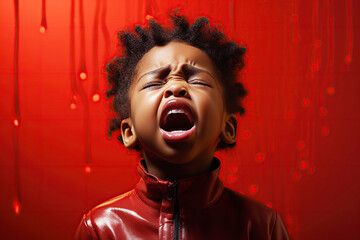upset screaming crying black boy child on a red isolated background. The concept of pain