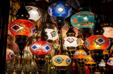 Colorful hanging lanterns on bazaar. Traditional Arabic multicolored light lamps. Generate ai
